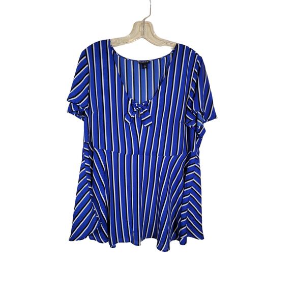 Torrid Women Striped Georgette Empire Waist Blouse Blue White Black Size 1X Bow - Picture 1 of 7